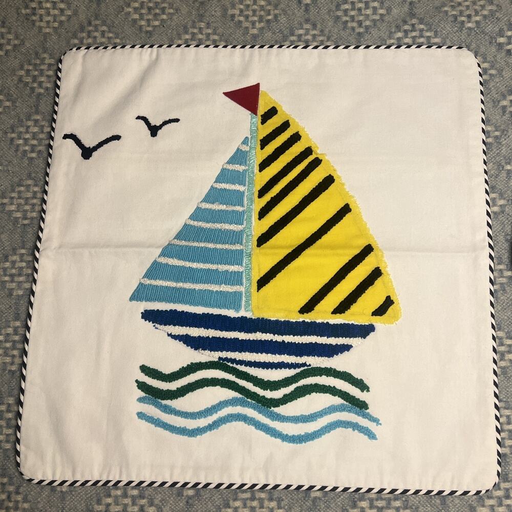 Annie Selke Sailboats With Birds Decorative Pillow Cover Yellow Blue Nautical